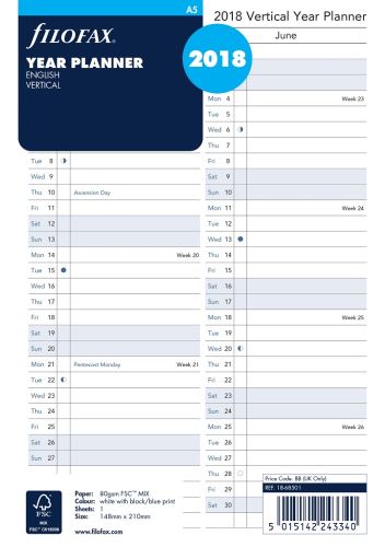 Filofax náplň do diáře formát A5 kalendář 2015 vertikální AJ