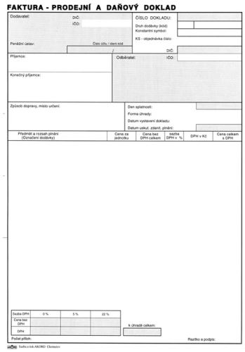 Tiskopis Faktura prodejní a daňový doklad s tabulkou DPH