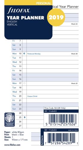 Filofax náplň do diáře formát A6 kalendář 2019 vertikální Aj