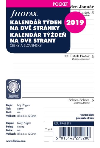 Filofax kalendář A7 2019 týden na dvě strany linky český