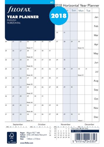 Filofax náplň do diáře formát A5 kalendář 2015 horizontální AJ